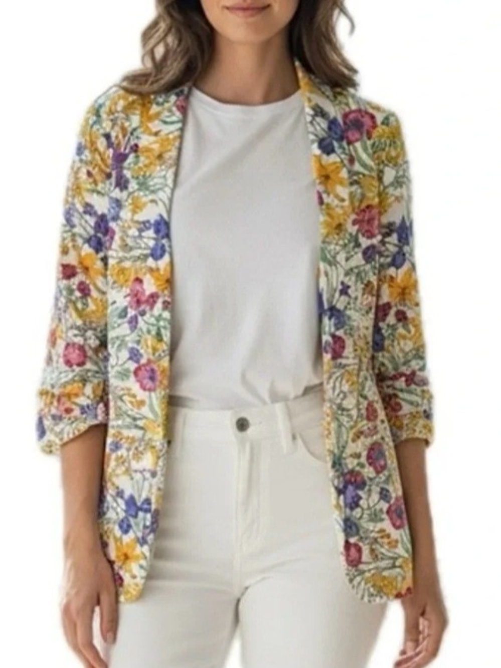 Floral Quilted Open-Front Blazer - White Multi